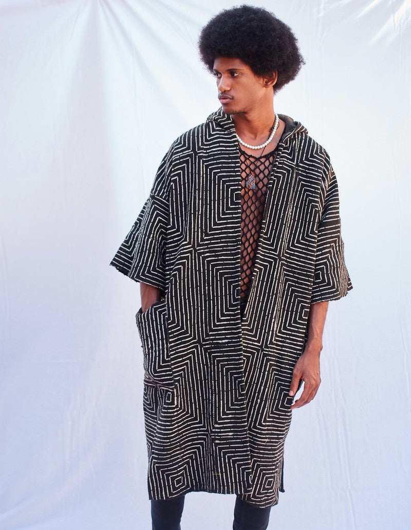 Mantello Bogolan con cappuccio astratto (preordine)