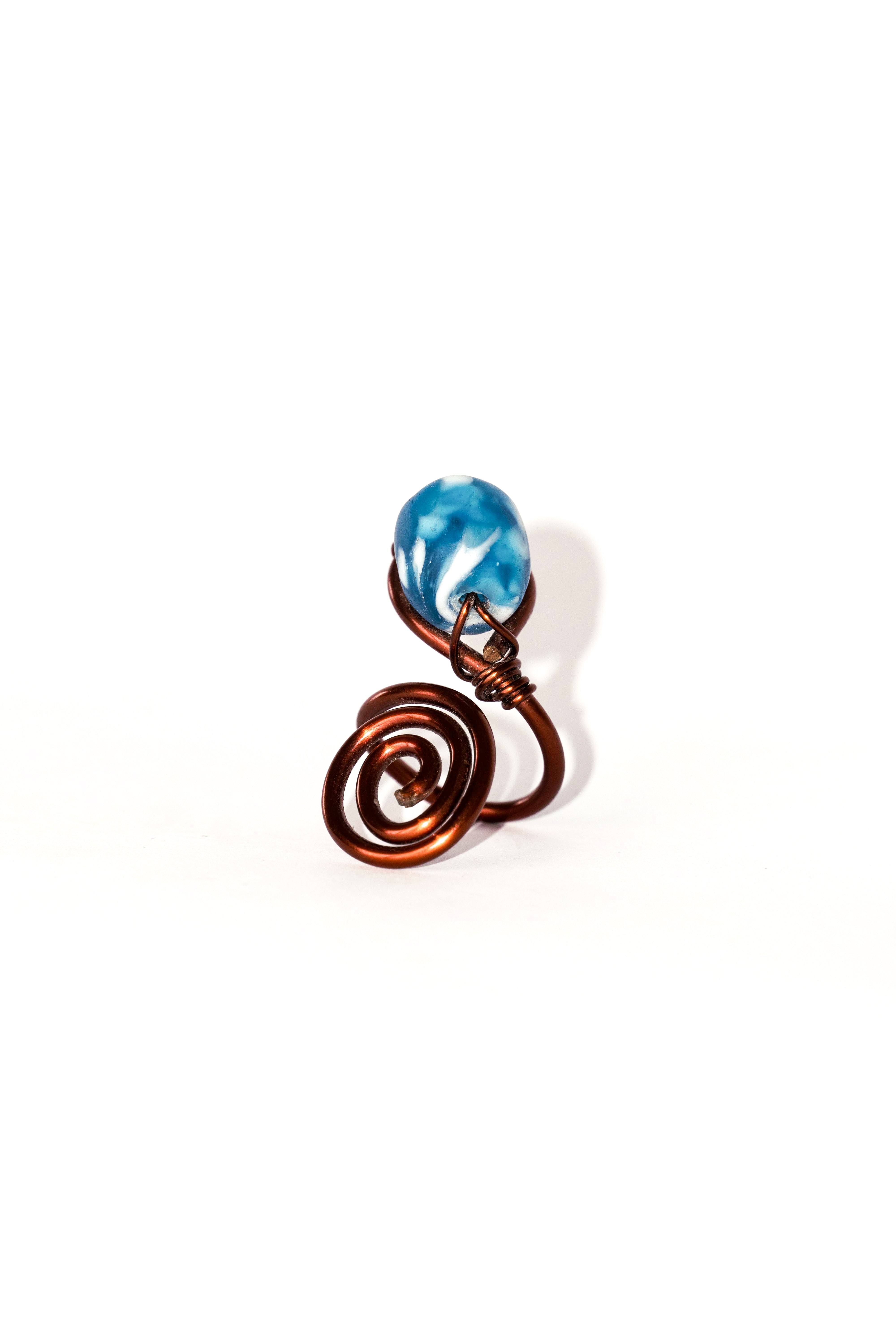 Copper Spiral Ring - Light Blue & White Bead