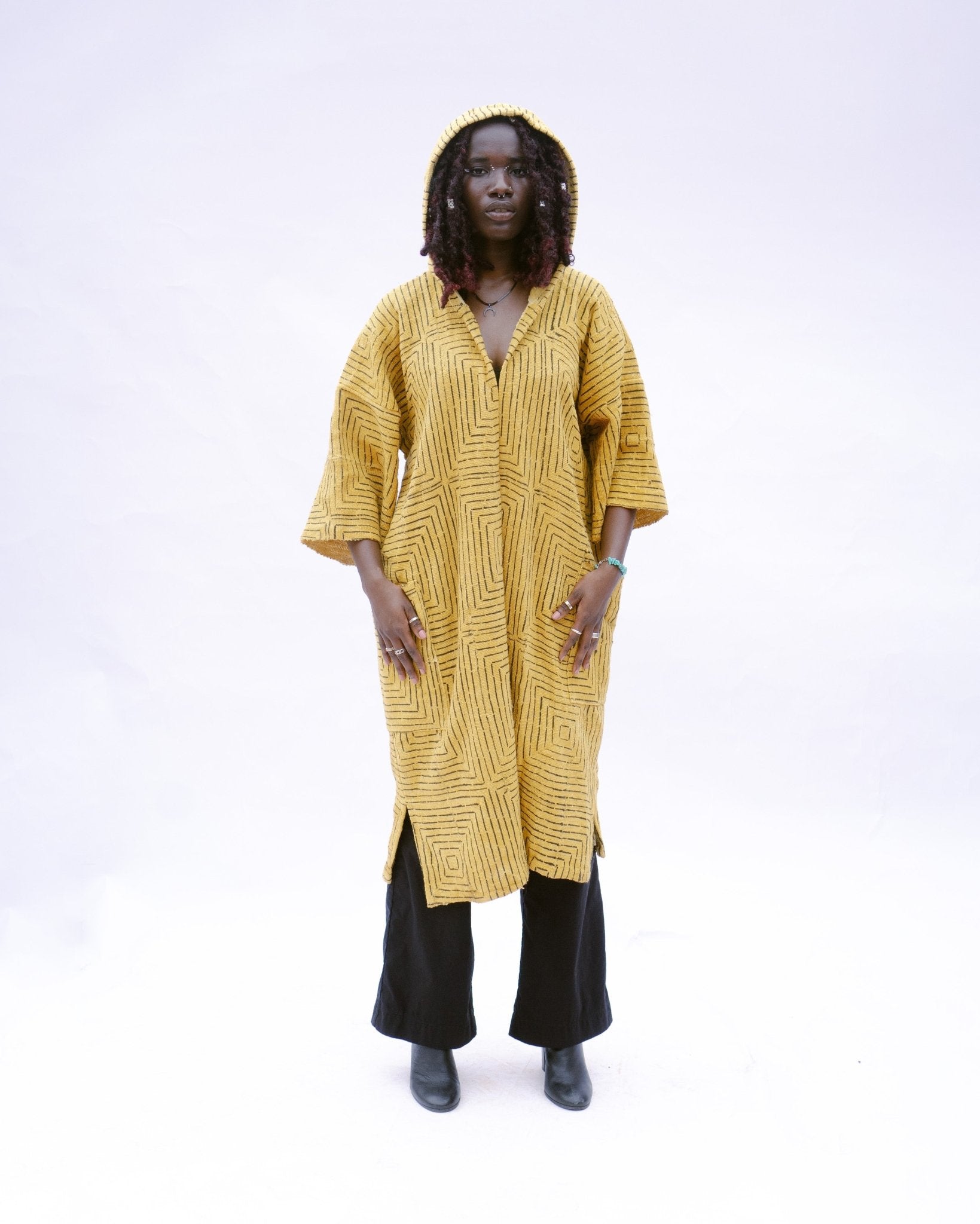 Yellow Frequency Hooded Bogolan Cloak#african_fabric_ghana#